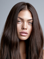 Naklejka premium Beautiful female with long brown hair, smooth skin, natural makeup, soft expression, studio portrait, high detail