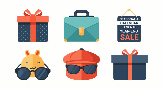 Colorful graphic illustration of six icons for a sale event