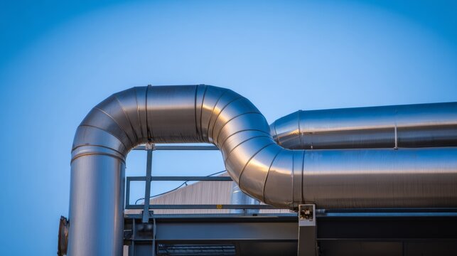 Industrial pipeline structure close-up, metallic silver tubes against blue sky,