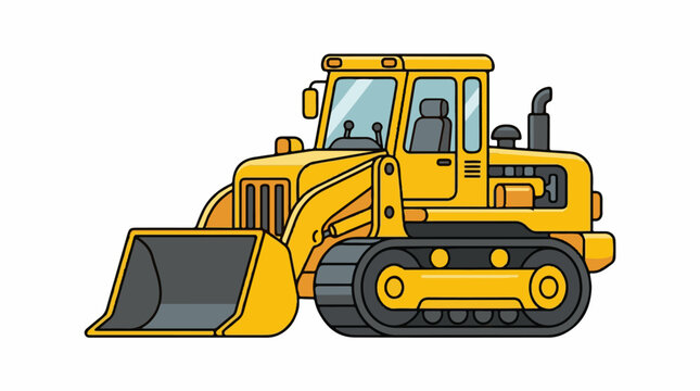 A yellow bulldozer with a large blade and tracks on a white background
