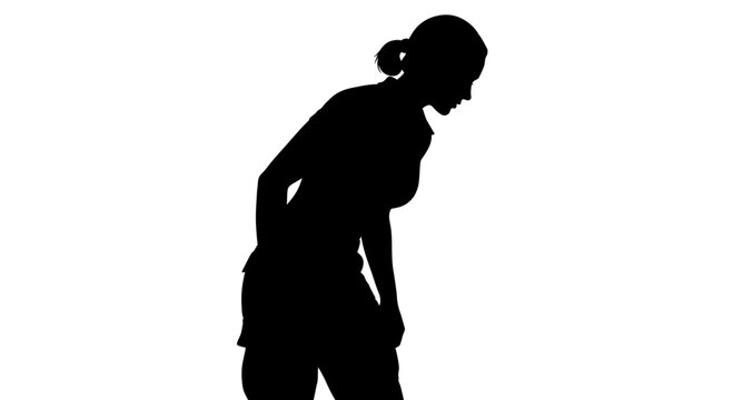 Silhouette of a female soccer player bending over, isolated on white background