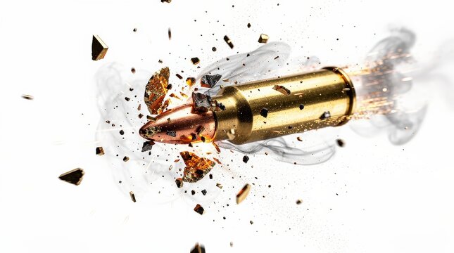 A close-up of a bullet casing exploding mid-air, with fragments and smoke captured in sharp detail against a white background.