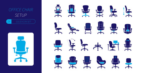 Fototapeta premium Modern Office Chair Solid Icons Set Silhouettes. ergonomic, gaming chair, office furniture, workstation, seating