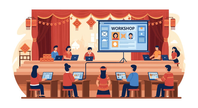 Vector illustration of a village community in traditional ethnic clothing participating in a digital skills workshop with laptops and a large projector screen on a stage.