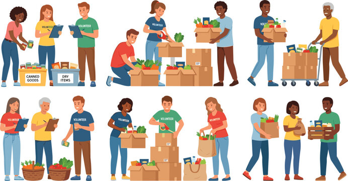 Volunteers packing food donation boxes and bags, diverse community charity group working for humanitarian aid