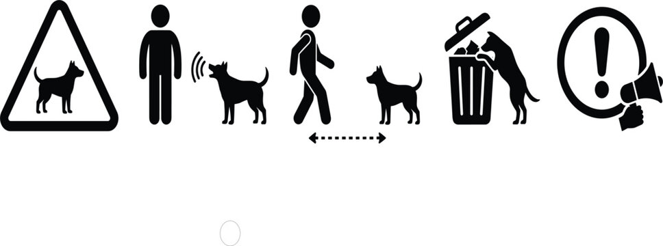 Public warning icons for stray dog behavior, safety rules and caution signs for public areas