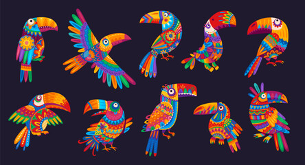 Obraz premium Mexican toucan birds characters with Mexico traditional flowers pattern. Cartoon funny tropical toco toucan birds set with mexican folk ornaments of talavera vivid color geometric shapes ornaments