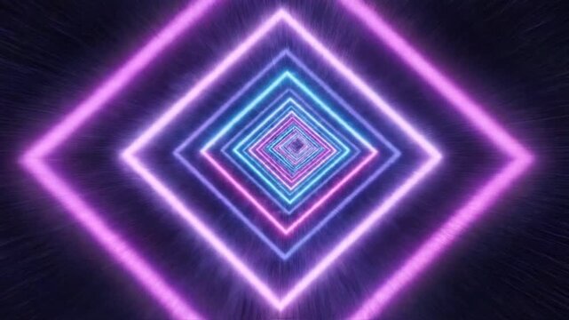 Abstract 3D render showing concentric neon diamond frames glowing in cyan and purple hues through a dark tunnel with fuzzy textured fiber walls and perspective depth.