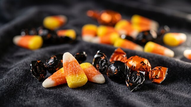 Close-up of colorful candy corn and Halloween treats on a dark textured surface