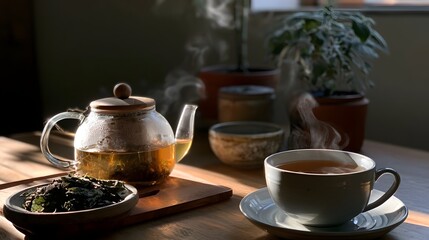 Fototapeta premium A serene scene featuring a steaming cup of herbal tea bathed in warm sunlight creating a tranquil and restorative ambiance