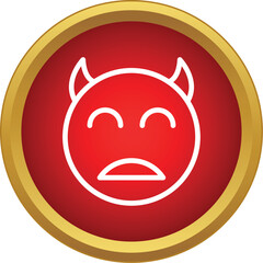 Obraz premium Frowning devil emoji icon with horns in a red circle and gold border