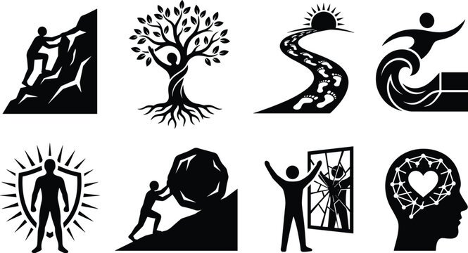 Mental health resilience and personal growth icon set with life obstacles overcoming and psychological wellness symbols