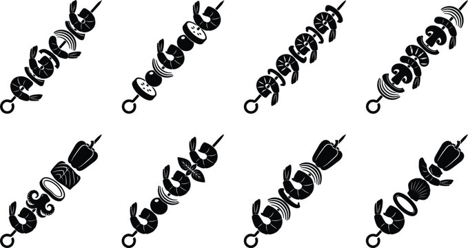 Silhouette of grilled seafood skewers set, shrimp and fish kebab icons for restaurant menu design