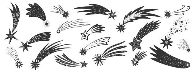 Doodle shooting space galaxy stars, falling meteors and comets with trails falling black silhouettes. Cosmic galaxy hand drawn meteorite traces isolated symbols. Streaks of light and energy in motion © Vector Tradition