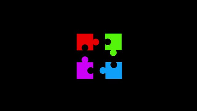 Four distinct puzzle pieces in bright red, lime green, vibrant purple, and clear blue are arranged in a square formation on a black background representing teamwork and problem-solving