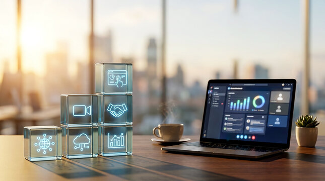 Glowing neon icons on glass cubes stacked as bar chart on sunny morning office desk beside laptop screen illustrating the digital workforce evolution concept
