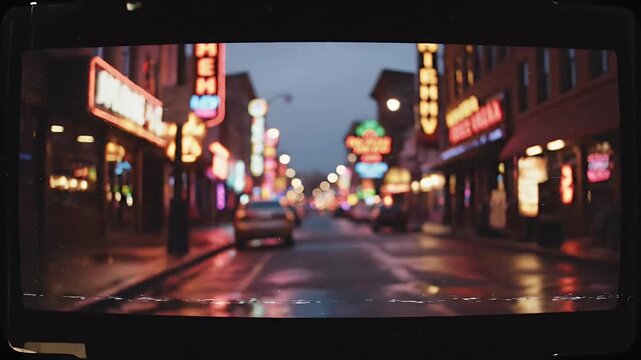 A vibrant, abstract cityscape is reflected in a dark, wet surface, creating a blurred and dreamlike visual effect.