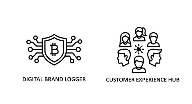 Digital brand logger and customer experience hub icons with customer, experience