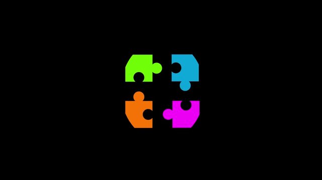 Four brightly colored puzzle pieces in neon green, cyan blue, bright orange, and hot pink are arranged in a square formation on a black background representing unity and collaboration