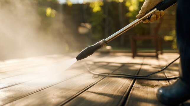 Cleaning a wooden deck with a pressure washer during daylight on a sunny day