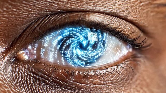 A close-up of a human eye with a vibrant blue and brown swirl pattern in the iris