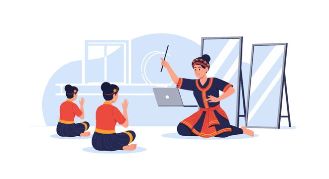 Vector illustration of a traditional dance teacher instructing students through a laptop in a studio with mirrors; women wearing ethnic costumes practicing cultural choreography.