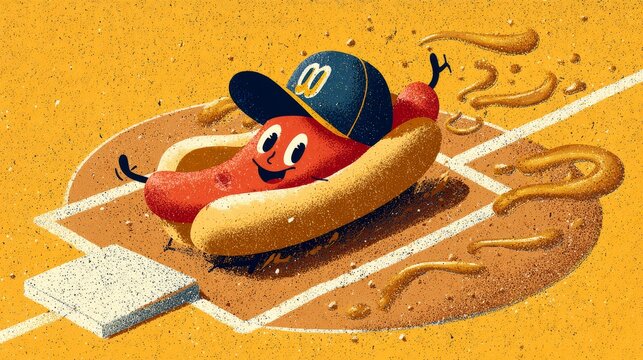 Red Hot Dog Character on Baseball Field, Sporty Food Mascot with Cap Illustration