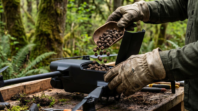 Forestry technician hands pouring organic soil and seeds in woods