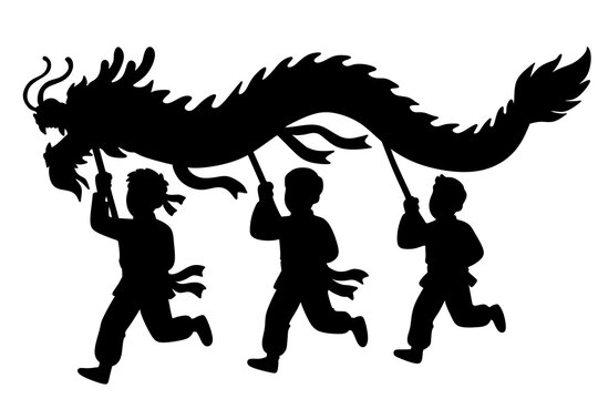A black silhouette vector illustration of three people performing a traditional Chinese dragon dance on a plain white background