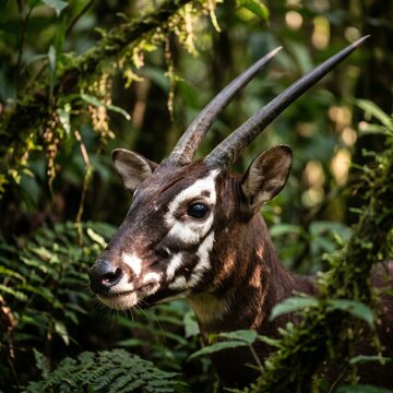 Close-up of saola face in dense Annamite jungle with white markings and straight horns, dappled sunlight, shallow depth of field.

