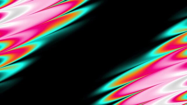 Vibrant colorful abstract patterns move diagonally on black background