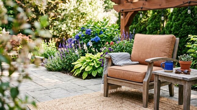 Cozy Outdoor Patio Armchair with Cushions in a Lush Garden Setting for Relaxing Backyard Living and Summer Home Decor