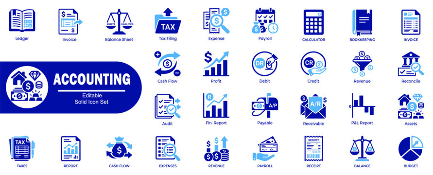Accounting flat icons set. Including ledger, invoice, balance sheet, tax filing, expense, and more vector set. 