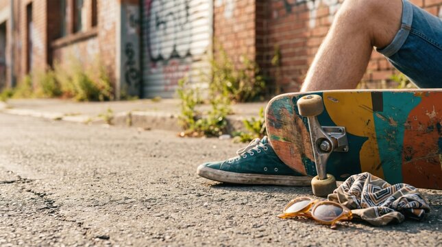 Young male skateboarder resting on urban street with colorful skateboard and sunglasses, lifestyle photography of youth street culture