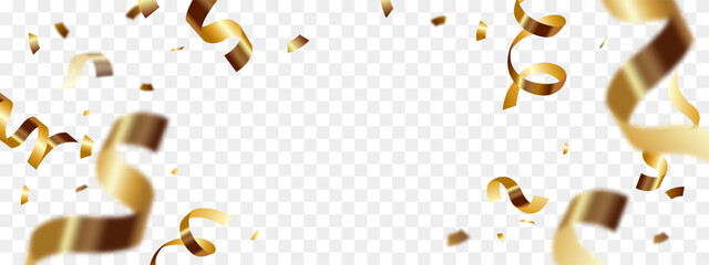 Fototapeta premium Realistic falling shiny gold confetti and ribbons on transparent background. Celebration, party, festival template. 3D vector isolated illustration