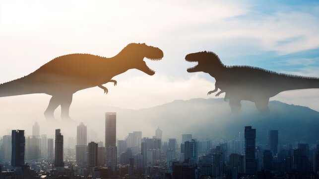 ancestors. Dinosaur silhouettes fading into mist against a city skyline, symbolizing ancient extinction. ESG reports.
