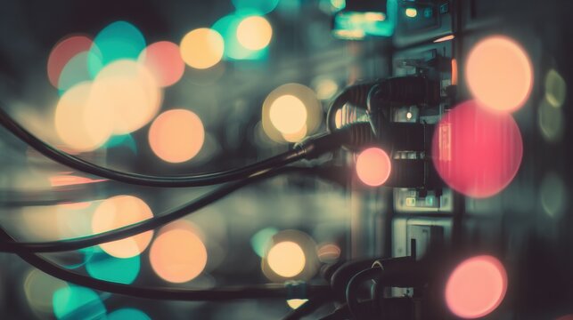Colorful lights and cables connect to a server in a data center at night