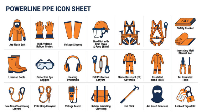 Powerline PPE Icon Sheet: Safety Gear for Electrical Workers, Personal Protective Equipment