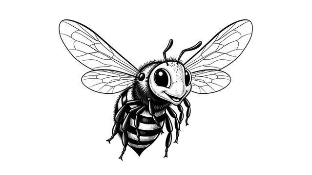 Black and white cartoon bee with detailed wings and playful expression, full body isolated on white background.