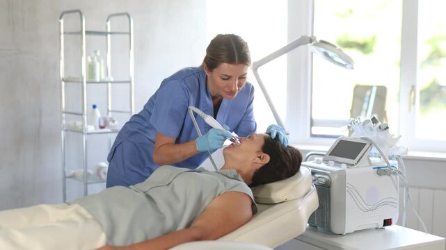 Positive young female cosmetologist performing hardware facial procedure on mature woman employing ion bubble attachment in cosmetic clinic, aimed at gentle cleanse and hydration of skin. High quality
