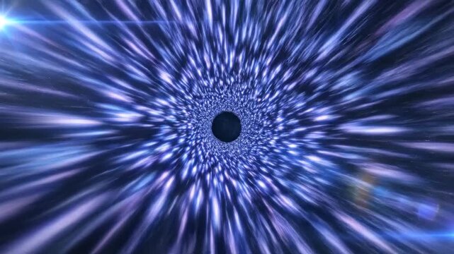 Abstract blue and purple light streaks converging towards a central dark point, creating a high-speed motion blur tunnel effect similar to hyperspace or a galactic wormhole.