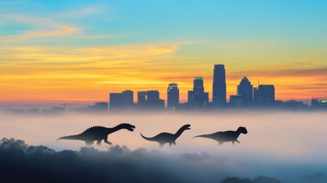 ancestors. Dinosaur silhouettes fading into mist against a city skyline, symbolizing ancient extinction. ESG reports.
