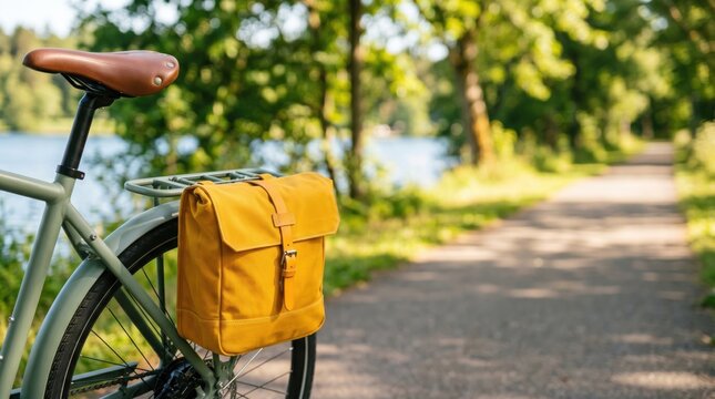 Yellow bicycle pannier bag on rear rack for urban commuting and sustainable travel on a scenic nature path