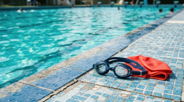 Swimming goggles and red swim cap on pool edge ready for morning exercise training session