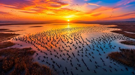 Thousands of Birds Migrating Over Vast Lake at Golden Sunset, Aerial View, Nature Wildlife Spectacle, Serene Landscape Photography