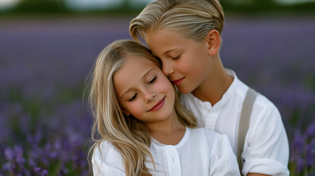 Blonde children white shirt lavender field smiling summer outdoor nature happy siblings embrace