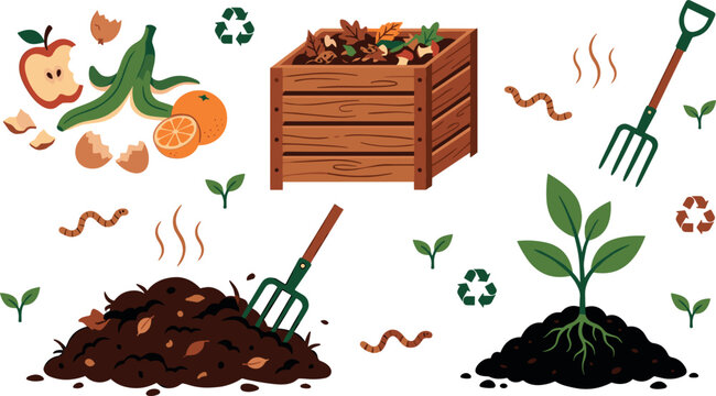 Organic composting and recycling element vector illustration set with wooden compost bin pile of soil garden pitchfork worms fruit scraps and green plant sprout isolated on white background
