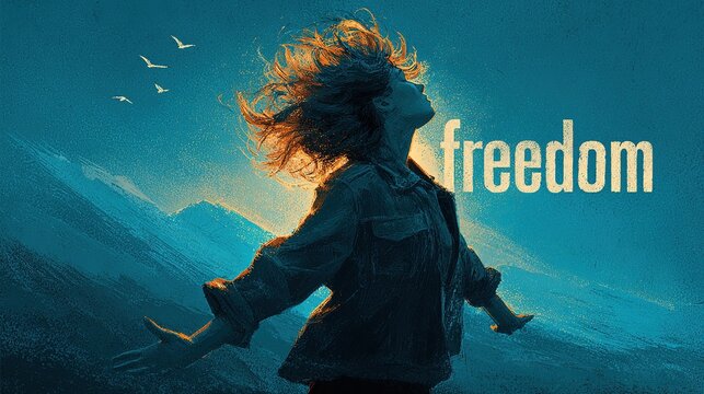 Minimal two-dimensional blue tone stylized illustration, back view curly short hair figure with outstretched arms layered blue hills water scenery, freedom uppercase text sky