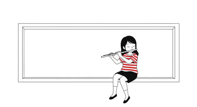 Young Girl Playing Flute Sitting on a Blank White Board, Music Education, Creative Expression
