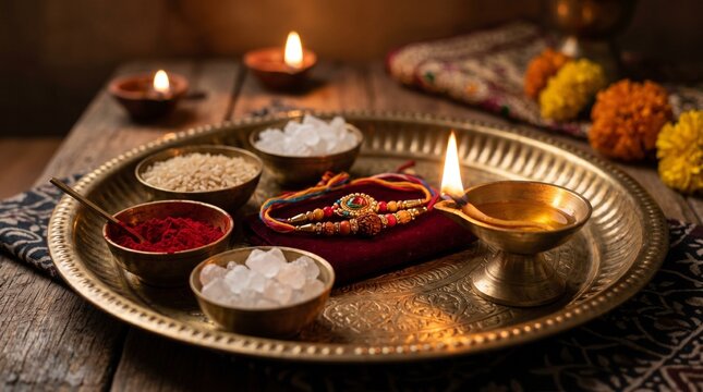 Traditional ritual offering with candles, flowers, and food on metal tray in warm lighting